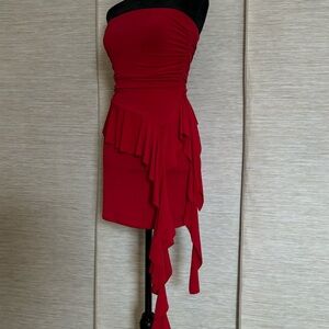 AQUA| Red Strapless Ruffle Trim Dress | Size M